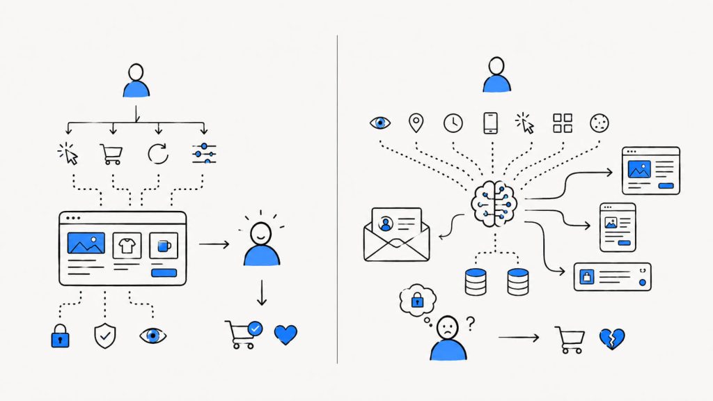 Comparison visual showing relevant website personalization versus intrusive over-personalization that creates privacy concerns and reduces visitor trust.