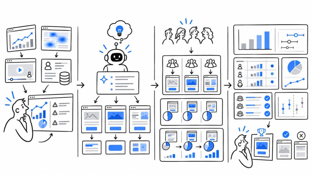Workflow visual showing AI A/B testing from behavioral analysis and variant generation to traffic allocation, statistical validation, and experiment reporting.