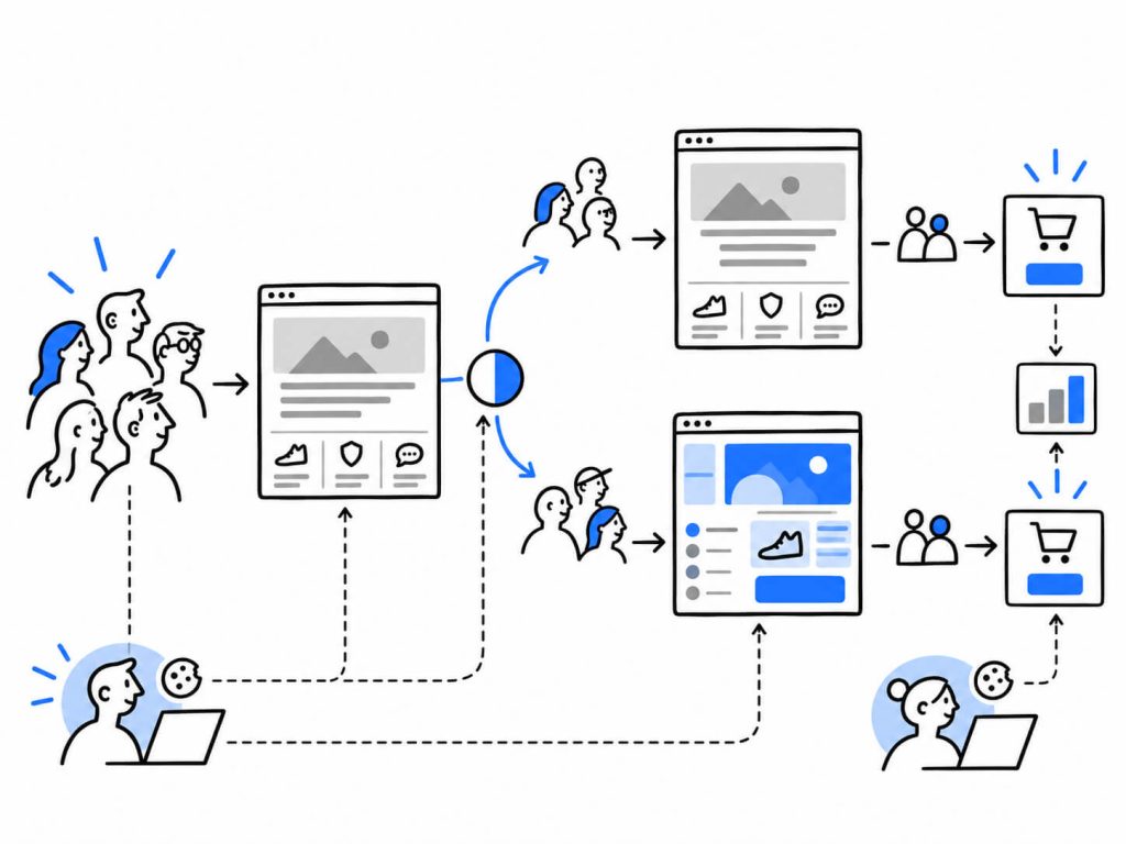 Visual showing redirect testing with visitors split between an original page and a separate variation URL with persistent assignment and shared conversion tracking.