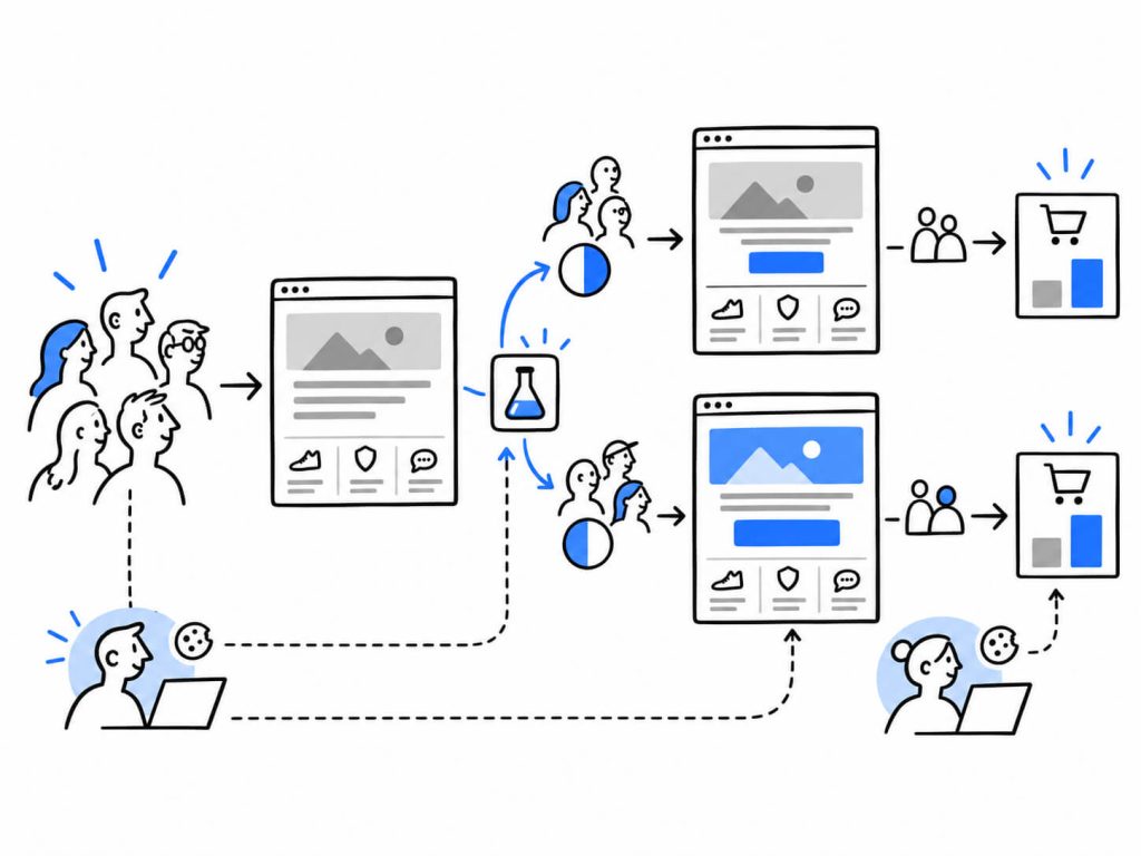 Visual showing same-URL A/B testing with traffic split between a control and page variation using dynamically changed headlines, CTAs, forms, and other elements.