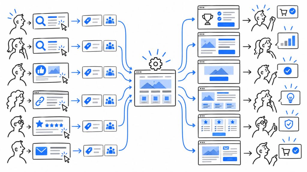 Visual showing how website content can adapt to branded search, paid social, organic, review sites, email campaigns, and other traffic sources.