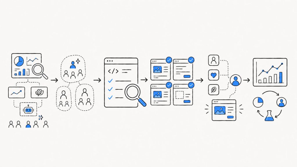 Workflow visual showing AI traffic attribution, segmentation, structured data audits, broader A/B testing, and privacy-friendly personalization for CRO.