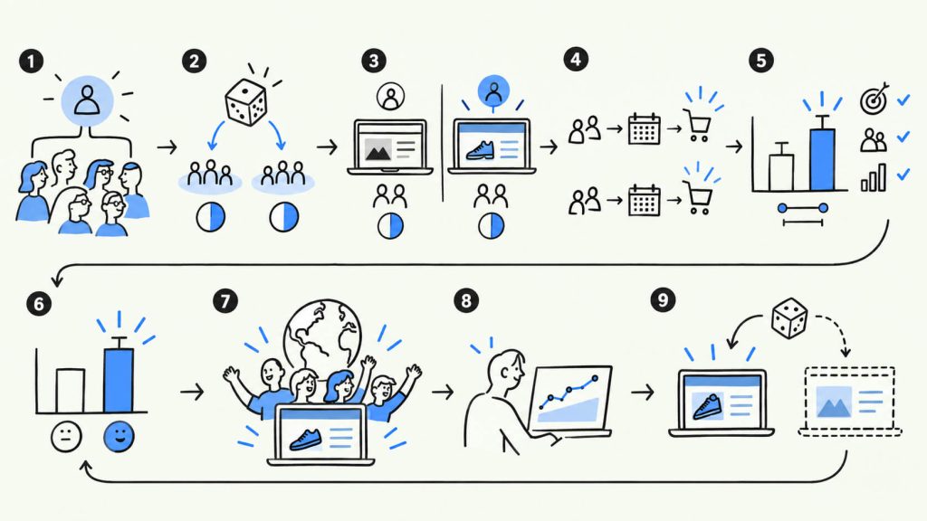 Workflow visual showing personalized A/B testing with audience targeting, control groups, test variants, sample size, conversion results, and rollout decisions.
