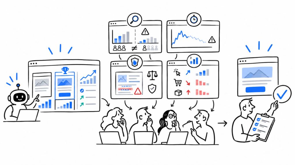 Visual showing human review of AI experiments through statistical validity, novelty effects, brand compliance, guardrail metrics, and rollout decisions.