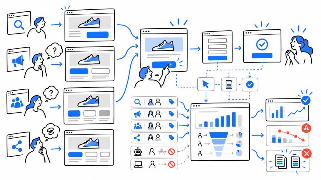 Visual showing CTA clarity, next-step expectations, conversion event tracking, traffic attribution, funnel measurement, and analytics validation.
