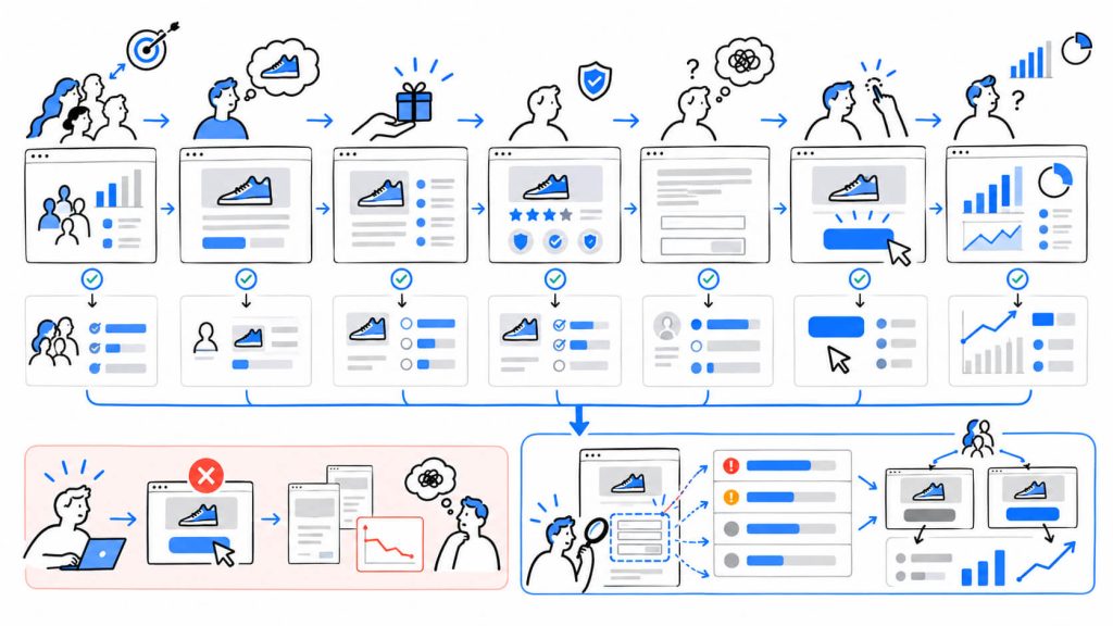 Workflow visual showing landing page diagnosis from traffic and intent through message, offer, trust, friction, CTA, measurement, and prioritized testing.