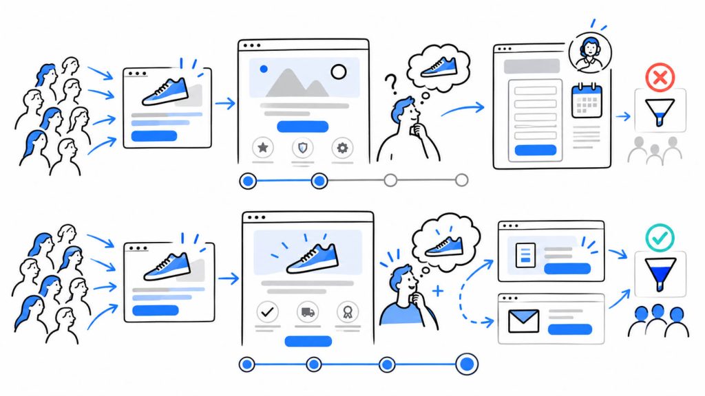 Visual showing message match between ads and landing pages alongside offer alignment, visitor commitment, funnel stage, and conversion friction.