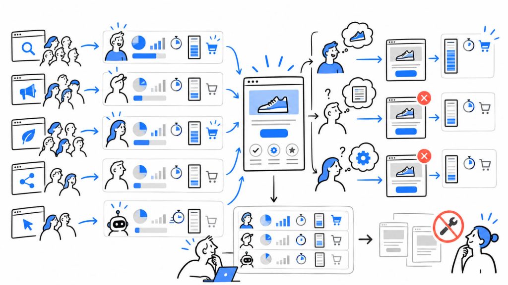 Visual showing landing page traffic quality, channel-level conversion differences, visitor intent, search terms, bounce behavior, and audience mismatch.