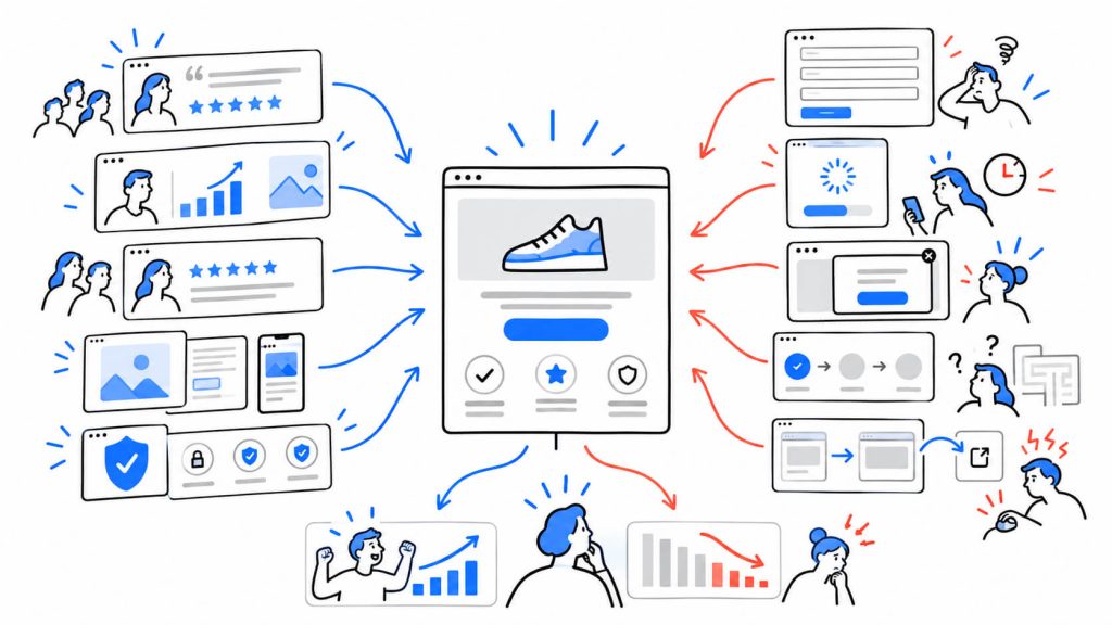 Visual showing landing page trust signals, testimonials, verification, form friction, page speed, popups, and conversion barriers.