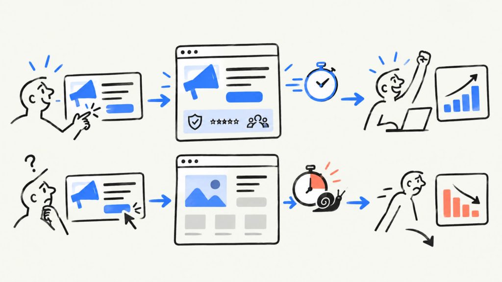 Visual showing message match, landing page relevance, fast load times, bounce risk, and their impact on post-click conversions.