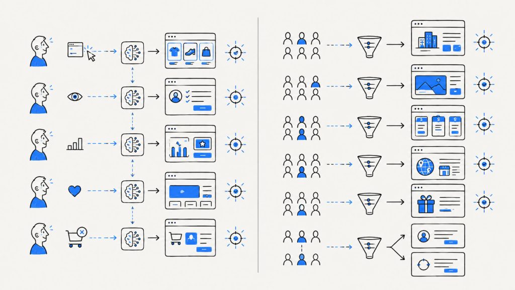 Visual comparing per-visitor and segment-based personalization use cases across SaaS, ecommerce, onboarding, recommendations, pricing, and paid traffic.