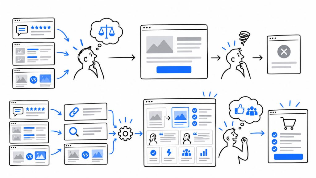 Visual showing personalized website experiences for review-site, competitor comparison, and high-intent evaluation traffic focused on differentiation and proof.