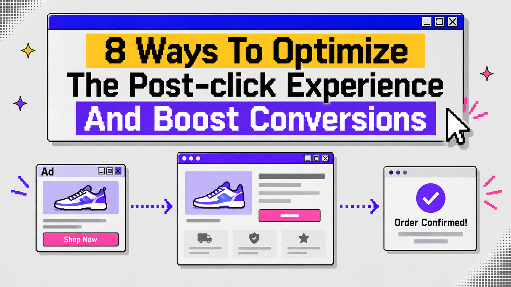 Hero visual showing post-click experience optimization with message match, page speed, CTA clarity, forms, trust signals, personalization, and conversion tracking.