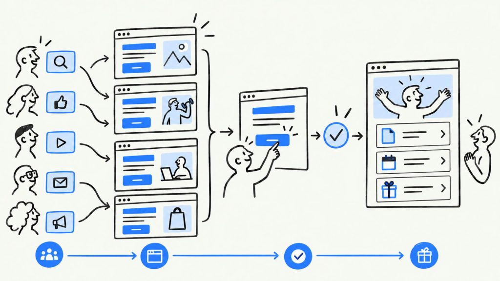 Visual showing clear above-the-fold offers, traffic-source personalization, optimized thank-you pages, next-step actions, and post-click funnel progression.