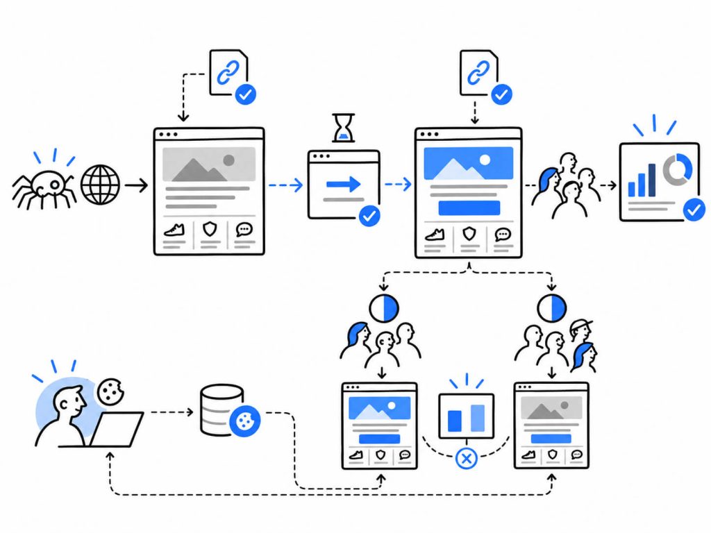 Visual showing redirect testing SEO setup, temporary redirects, canonical tags, persistent visitor assignment, and sample ratio mismatch monitoring.