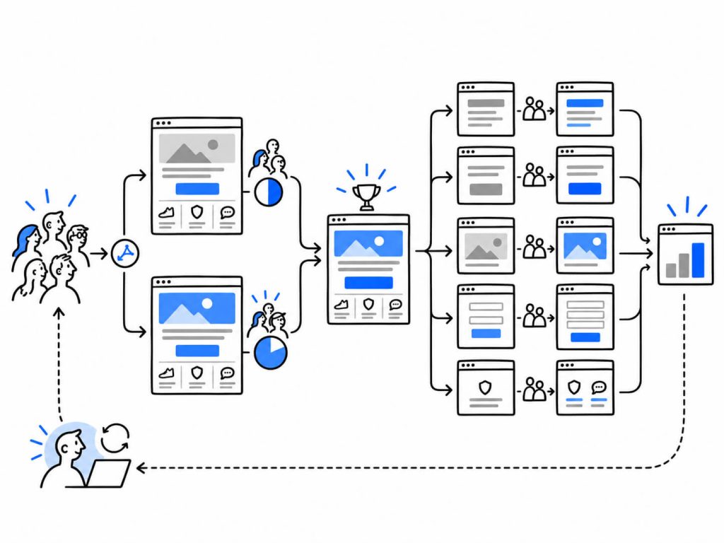 Workflow visual showing redirect testing for major page changes followed by same-URL A/B testing to optimize individual elements within the winning experience.