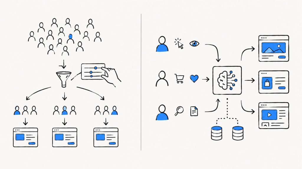 Comparison visual showing segment-based personalization with fixed audience variants versus algorithm-driven per-visitor personalization tailored to individuals.