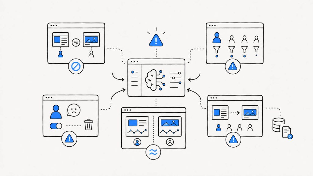 Diagnostic visual showing weak personalization signals such as low traffic, missing control tests, privacy complaints, flat results, and unnecessary complexity.