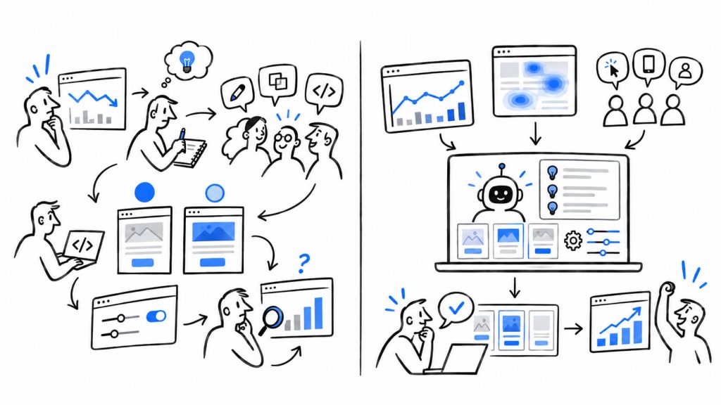 Comparison visual showing traditional A/B testing workflows versus AI-powered experimentation with automated analysis, hypotheses, variants, and reporting.