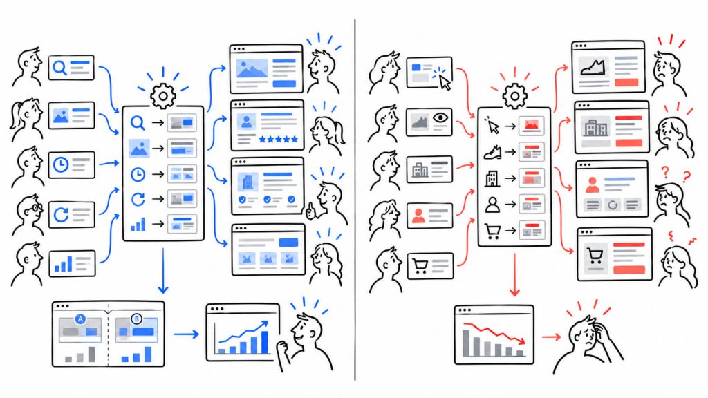Comparison visual showing relevant traffic-source personalization versus intrusive targeting that exposes tracking, incorrect assumptions, or excessive visitor knowledge.
