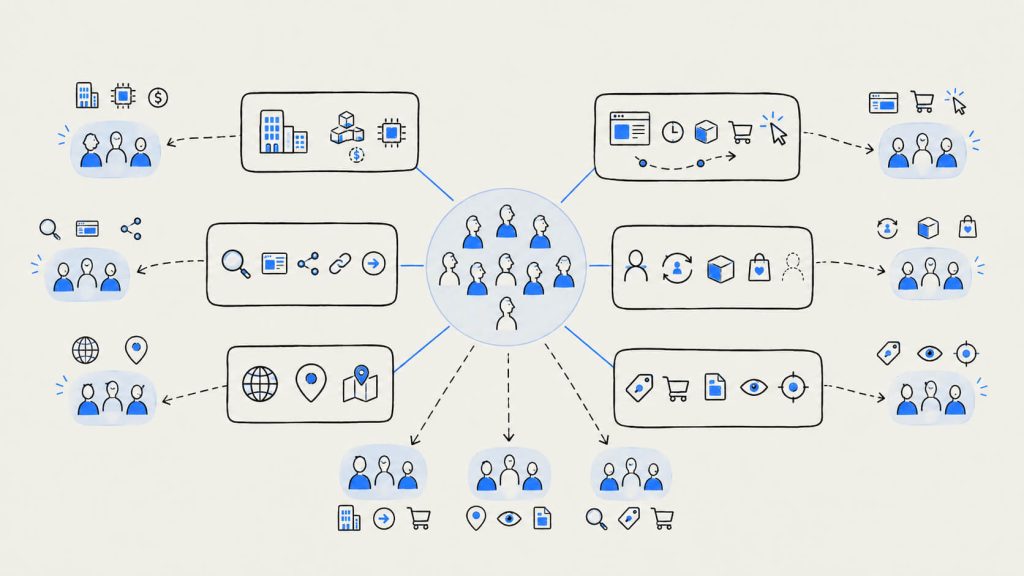 Framework visual showing firmographic, behavioral, traffic-source, lifecycle, geographic, and intent-based audience segments for website personalization.
