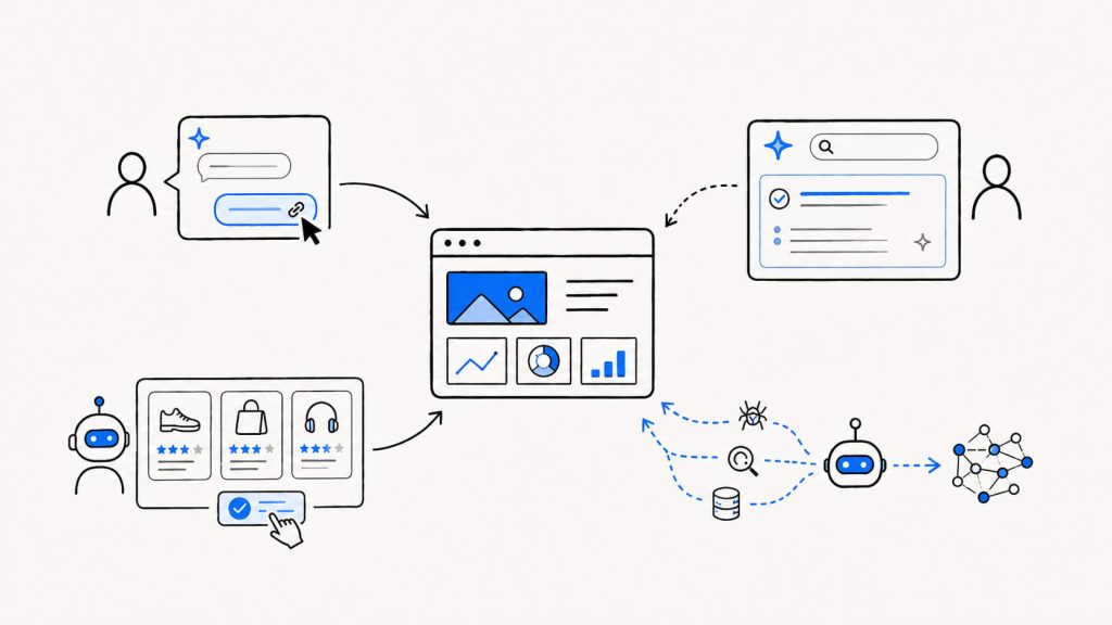 Visual showing AI referral traffic, zero-click AI search, agentic commerce, and AI crawler traffic as distinct forms of AI web traffic.