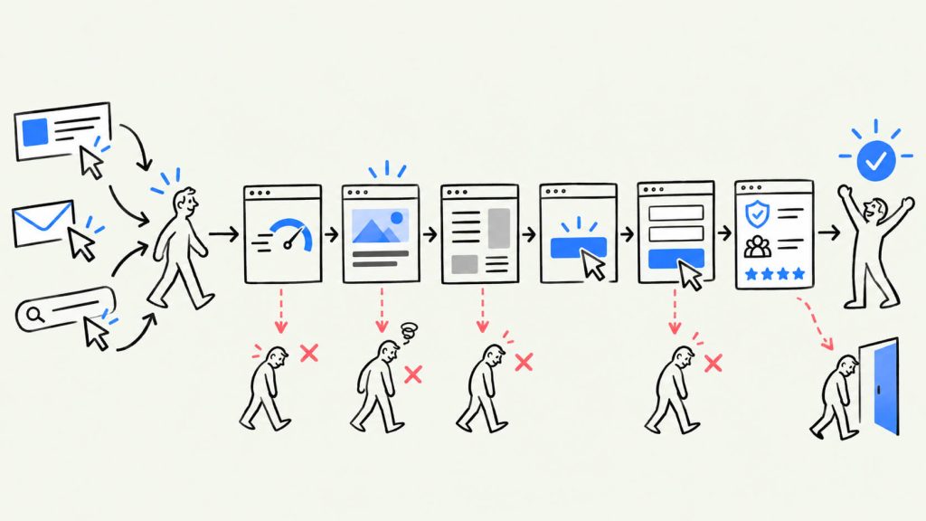 Visual showing the post-click experience from ad click to landing page, CTA, form interaction, trust signals, and final conversion or drop-off.