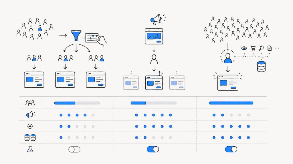 Framework visual showing when segment-based, ad-to-page, and per-visitor personalization are most effective based on traffic, data, and control.