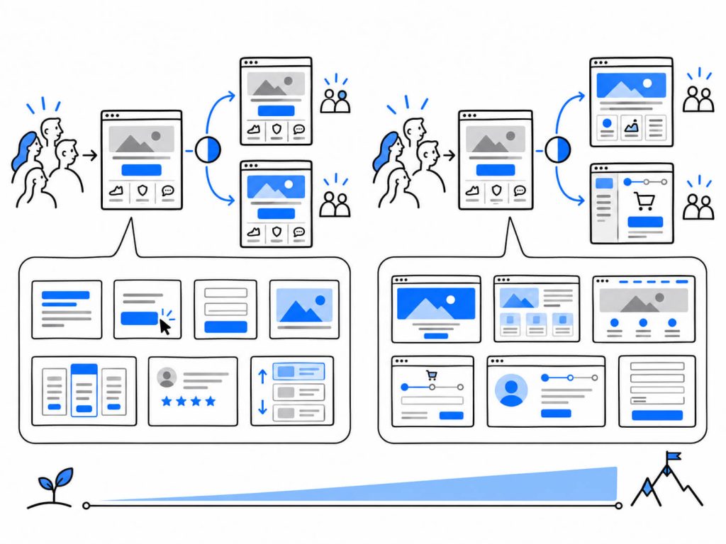 Decision framework showing when to use same-URL A/B testing for element changes and redirect testing for major page redesigns, templates, and user flows.