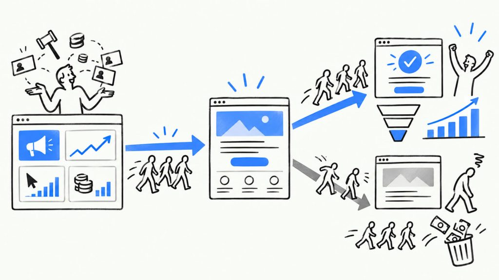 Visual showing how paid traffic performance depends on the landing page experience, conversion rate, bounce rate, and post-click optimization.