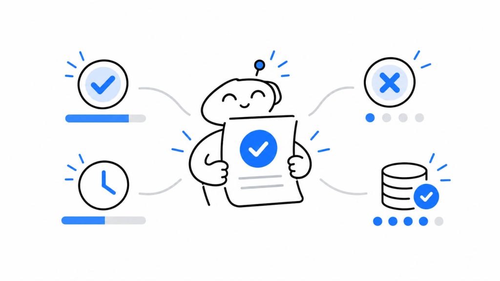 Simple scorecard showing task completion, failed actions, completion time, and data accuracy for AI agent experiments.
