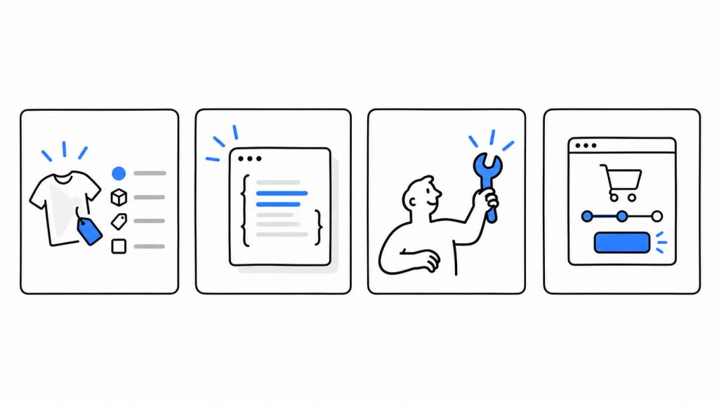 Visual showing four AI agent experimentation surfaces: product data, API responses, tool definitions, and checkout flows.
