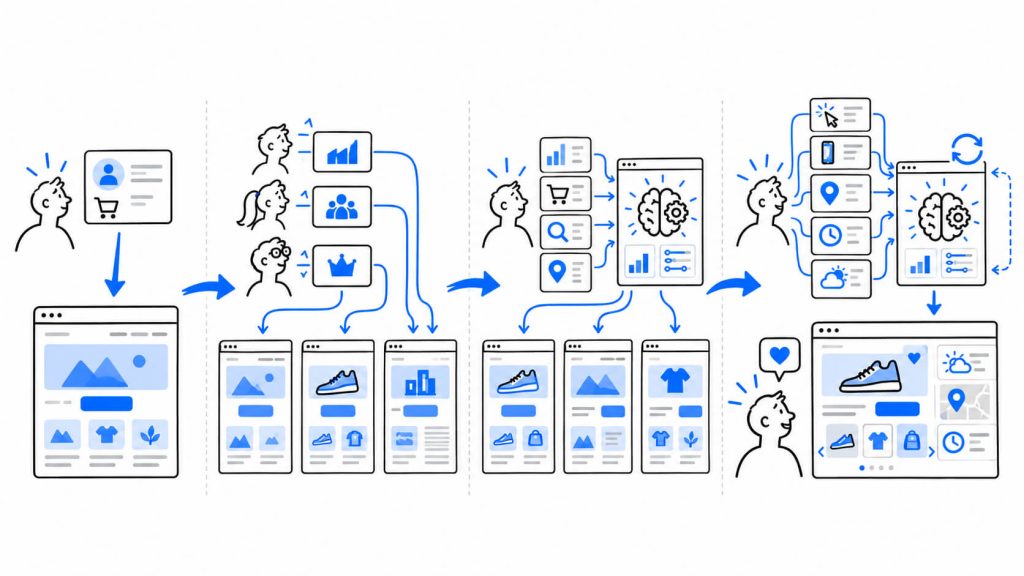 Visual showing the AI personalization cold start problem, first-visit signals, privacy boundaries, limited data use, and the risk of over-personalization.