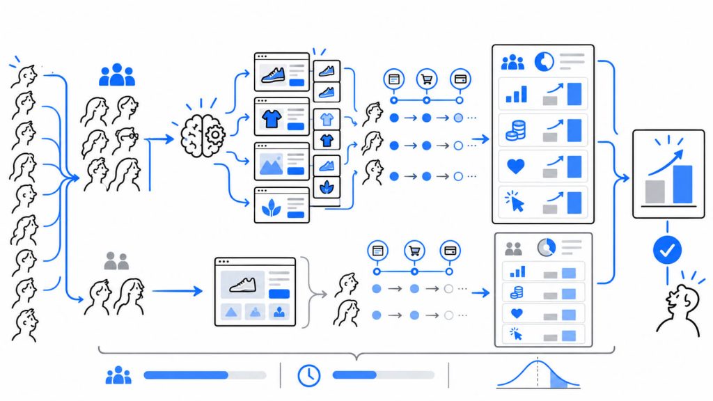 Visual showing AI personalization across email, ads, landing pages, ecommerce recommendations, SaaS onboarding, and in-product experiences.