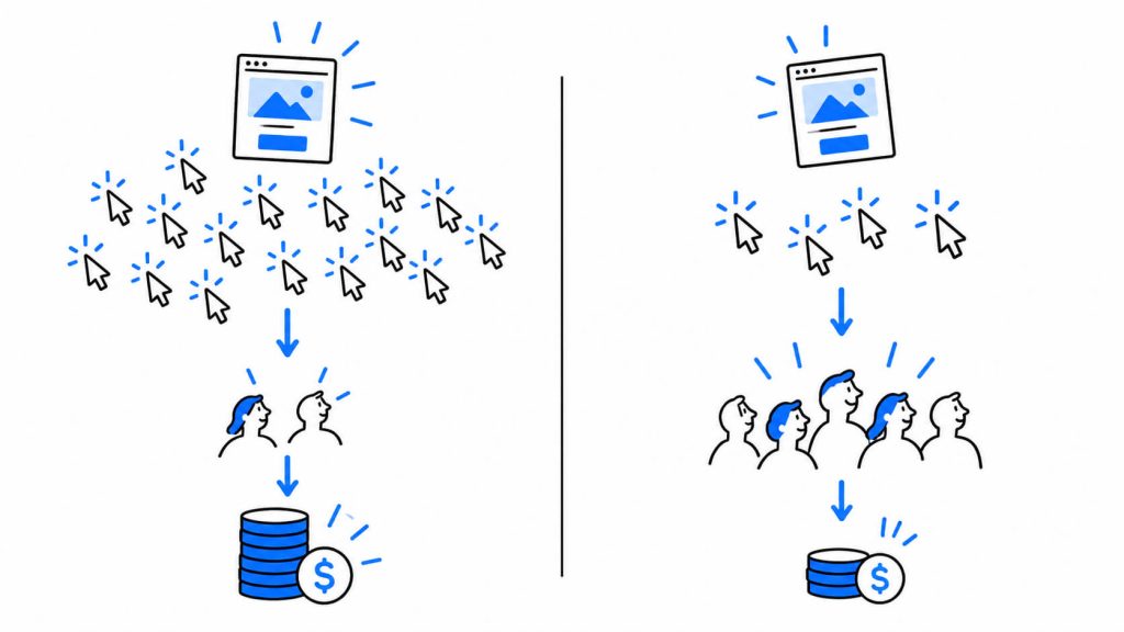 Comparison visual showing how fewer clicks can still produce more customers and a lower cost per qualified conversion.