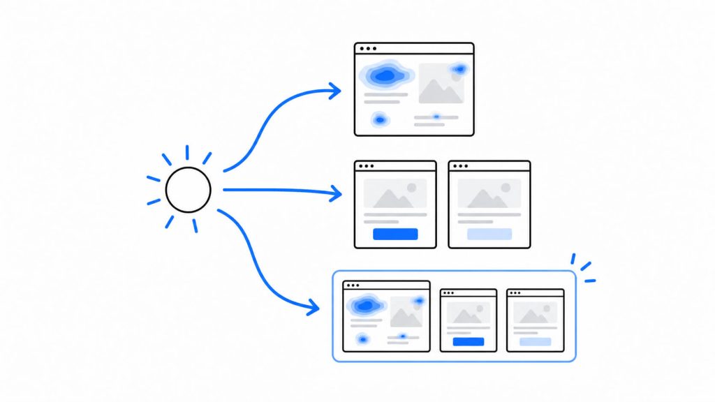 Three-step visual showing how heatmap observations become a page hypothesis and are then validated through A/B testing.