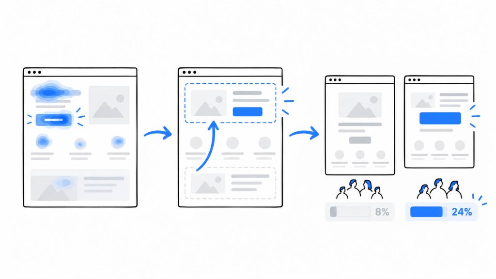 Simple A/B testing visual showing traffic split between a control and variant and comparison of their conversion outcomes.