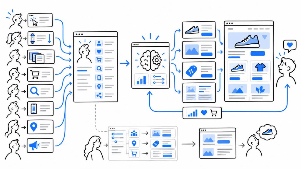 Workflow visual showing AI personalization from behavioral signal collection and profile building to prediction, personalized delivery, and continuous learning.