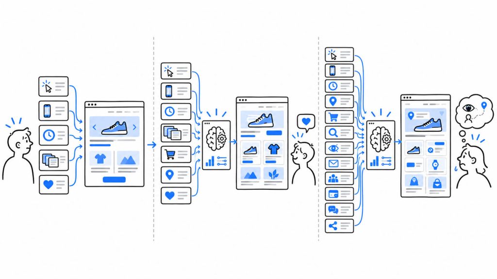 Visual showing AI personalization measurement using holdout groups, control experiences, conversion rates, revenue per visitor, sample size, and incremental lift.