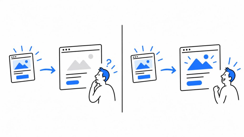 Comparison visual showing how matching an ad promise with the landing page can reduce post-click confusion and improve conversion potential.