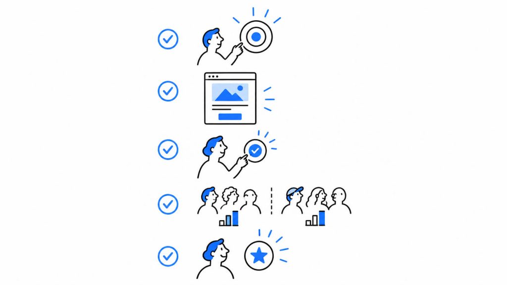 Simple checklist visual for validating primary conversion goals, tracking, landing page alignment, segmented results, and qualified outcomes before declaring a winner.