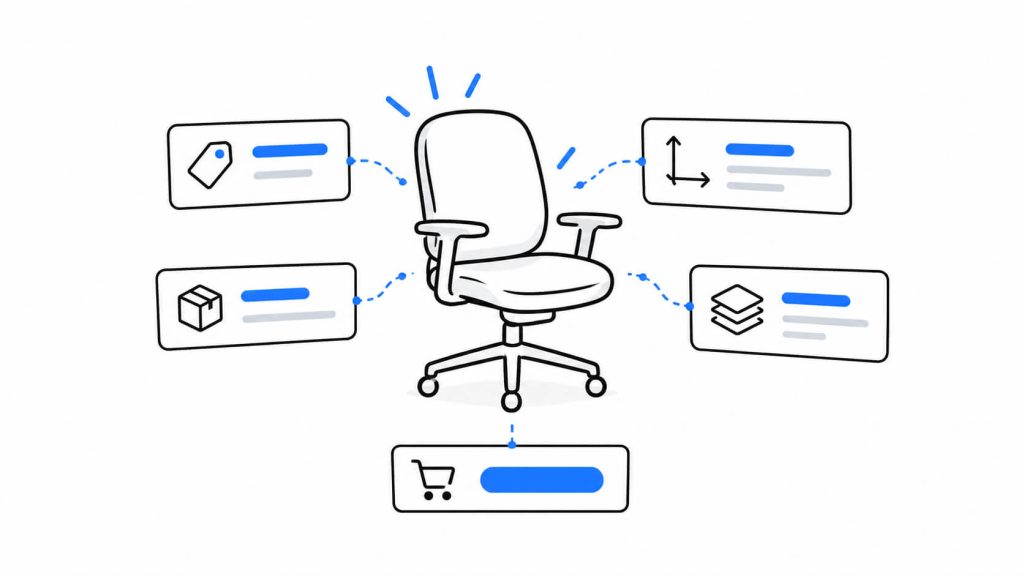 Visual showing how AI agents use structured product information such as price, availability, dimensions, attributes, and purchase actions.