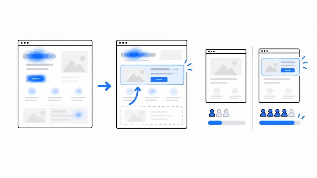 Simple decision visual showing when to use heatmaps, A/B testing, or both methods together for conversion optimization.