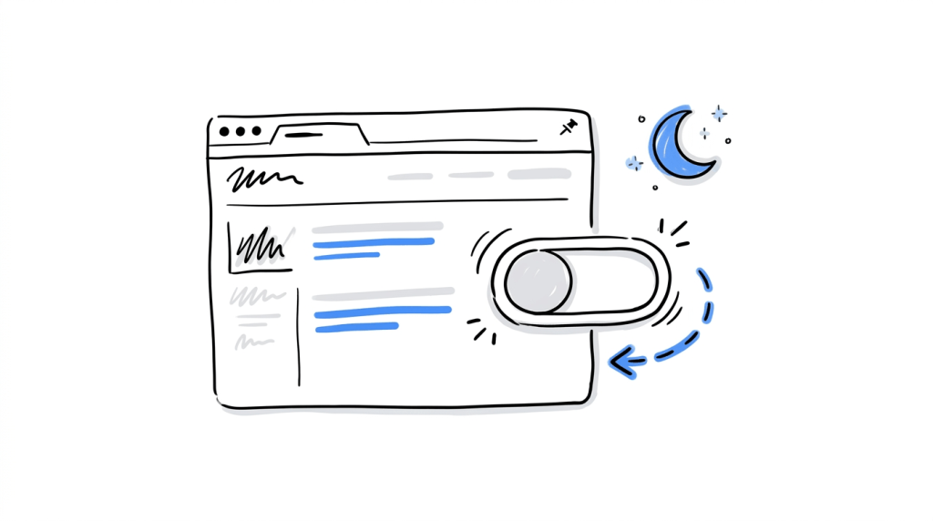A browser window and a moon icon with a toggle switching off by itself, representing an auto-stop condition ending a test unattended.