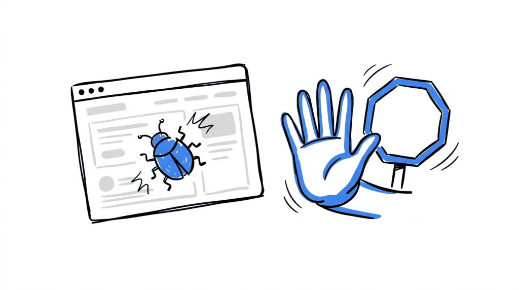 A browser window with a bug icon next to a stop sign, representing a technical issue that justifies ending a test early.