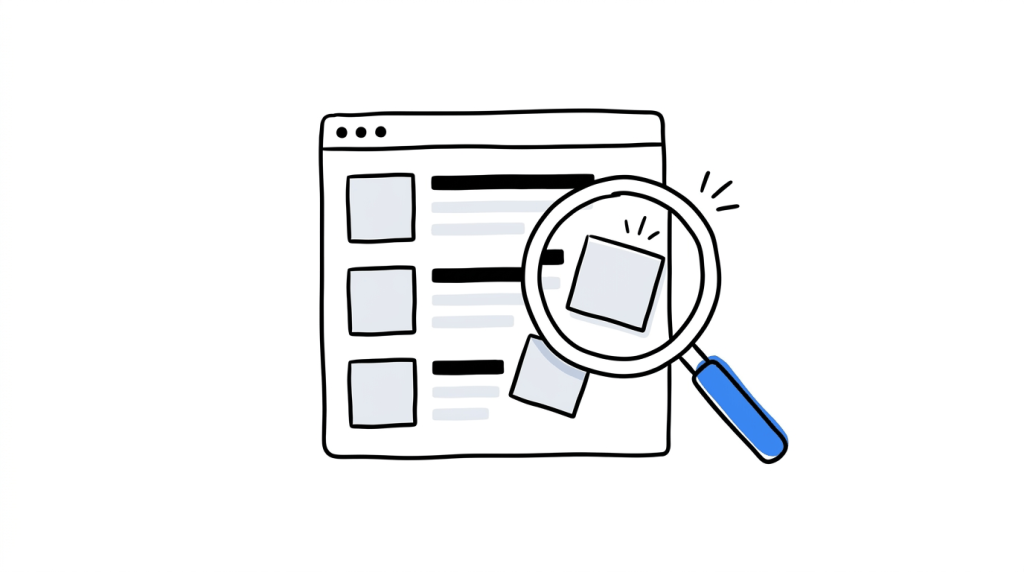 Simple illustration of a magnifying glass inspecting a webpage layout, highlighting one misaligned element among otherwise neatly arranged content.
