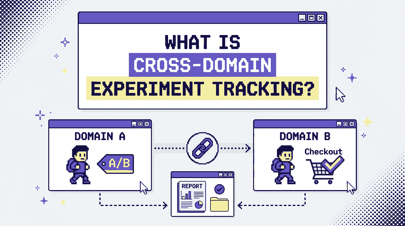 Browser panels showing a test variant carried from one domain to another, connected by a link that attributes the final conversion back to the experiment.