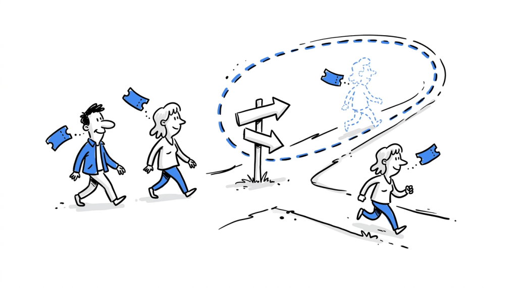 Illustration of user figures at a signpost splitting into two paths, each carrying a token showing they consistently follow the same path on return.