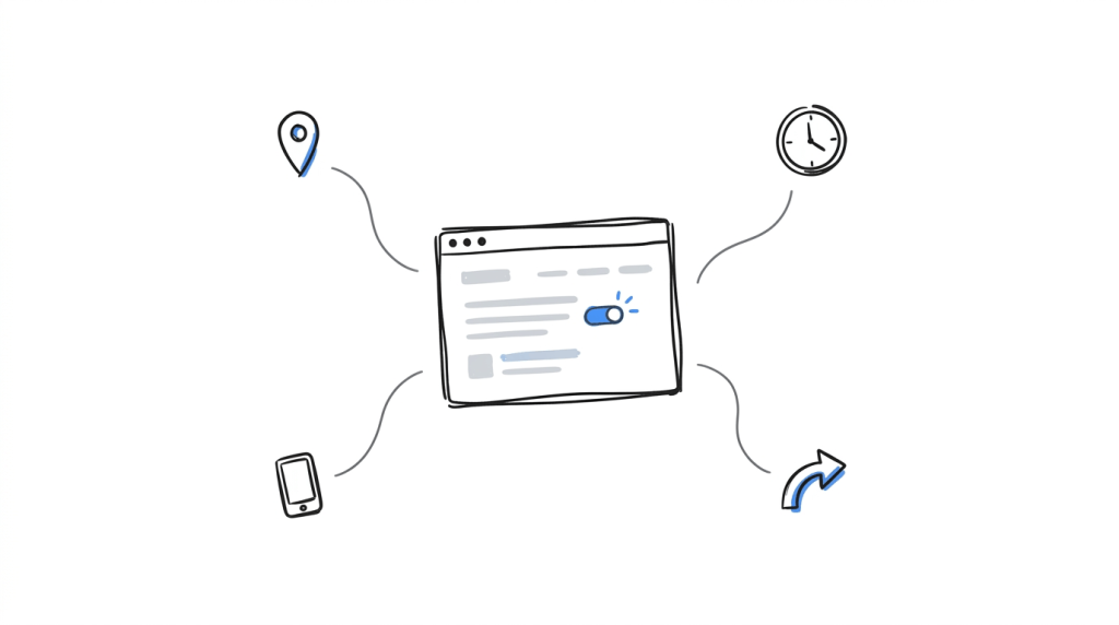 Illustration of location, time, device, and referral signals flowing into a single webpage that adapts based on those contextual clues.