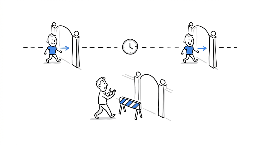 Illustration of one visitor recognized at two points on a timeline entering the same gate, while an excluded visitor is stopped by a barrier.